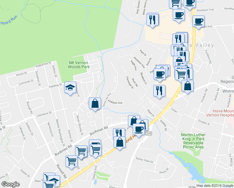 map of restaurants, bars, coffee shops, grocery stores, and more near 7969 Janna Lee Avenue in Alexandria