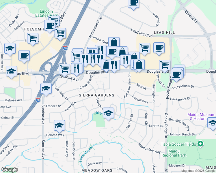 map of restaurants, bars, coffee shops, grocery stores, and more near 1619 Kit Carson Way in Roseville