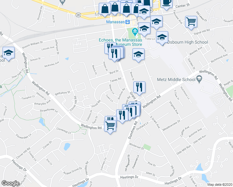 map of restaurants, bars, coffee shops, grocery stores, and more near 9843 Maury Lane in Manassas