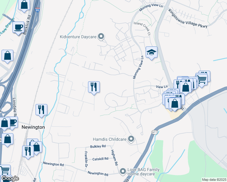 map of restaurants, bars, coffee shops, grocery stores, and more near 6716 Morning Ride Circle in Alexandria