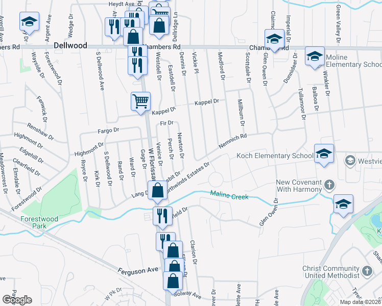 map of restaurants, bars, coffee shops, grocery stores, and more near 9614 Newton Drive in St. Louis