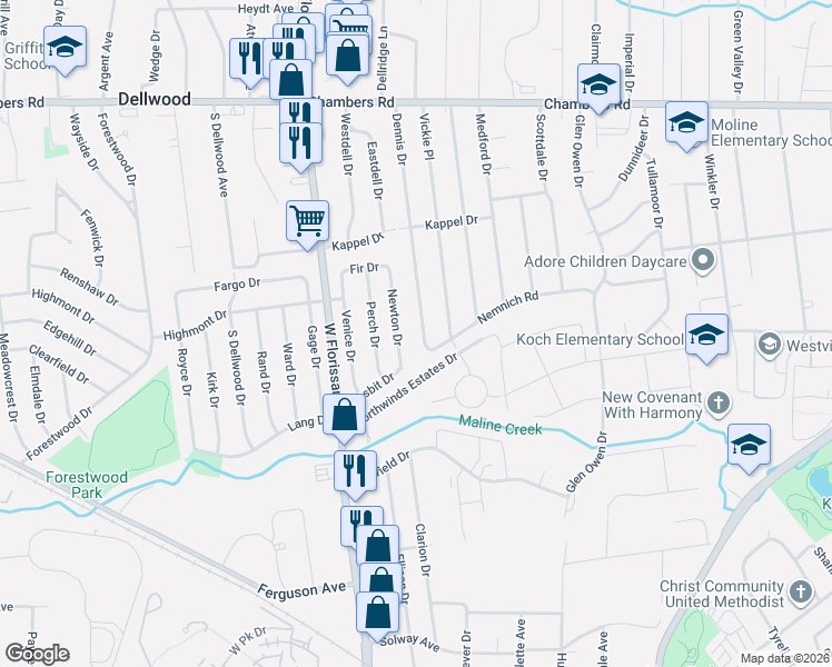 map of restaurants, bars, coffee shops, grocery stores, and more near 9614 Newton Drive in St. Louis