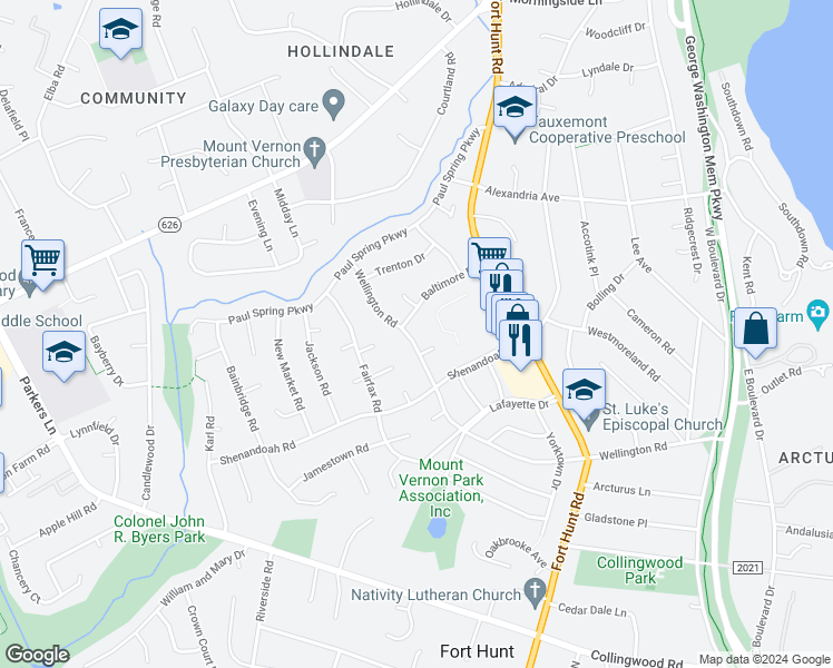 map of restaurants, bars, coffee shops, grocery stores, and more near 7925 Wellington Road in Alexandria