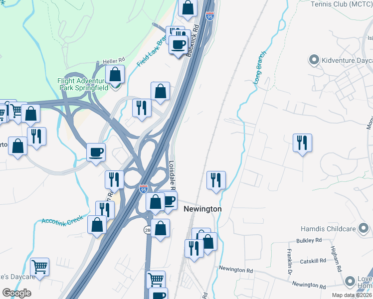 map of restaurants, bars, coffee shops, grocery stores, and more near 7951 Loisdale Road in Springfield