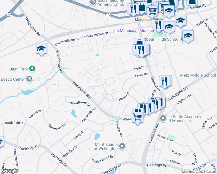map of restaurants, bars, coffee shops, grocery stores, and more near 9006 Coriander Circle in Manassas