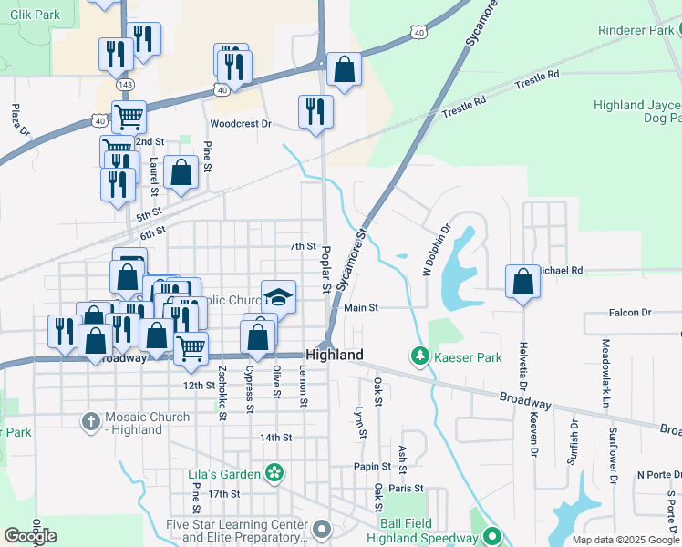 map of restaurants, bars, coffee shops, grocery stores, and more near 805 Sycamore Street in Highland
