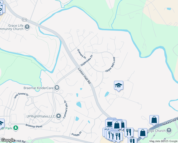 map of restaurants, bars, coffee shops, grocery stores, and more near 9829 Luck Penny Court in Bristow