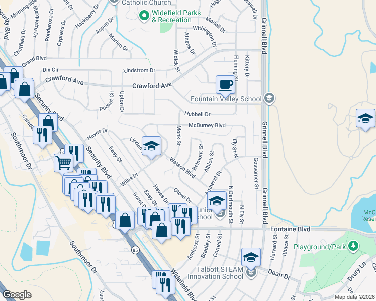 map of restaurants, bars, coffee shops, grocery stores, and more near 37 Landoe Lane in Colorado Springs