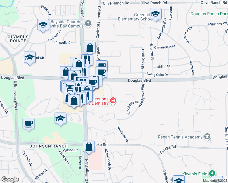 map of restaurants, bars, coffee shops, grocery stores, and more near 4220 Douglas Boulevard in Granite Bay