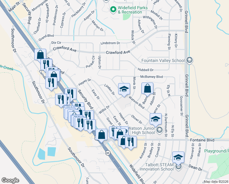 map of restaurants, bars, coffee shops, grocery stores, and more near 97 Linden Drive in Colorado Springs