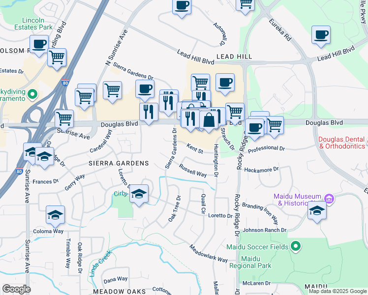 map of restaurants, bars, coffee shops, grocery stores, and more near 1707 Tanglewood Lane in Roseville