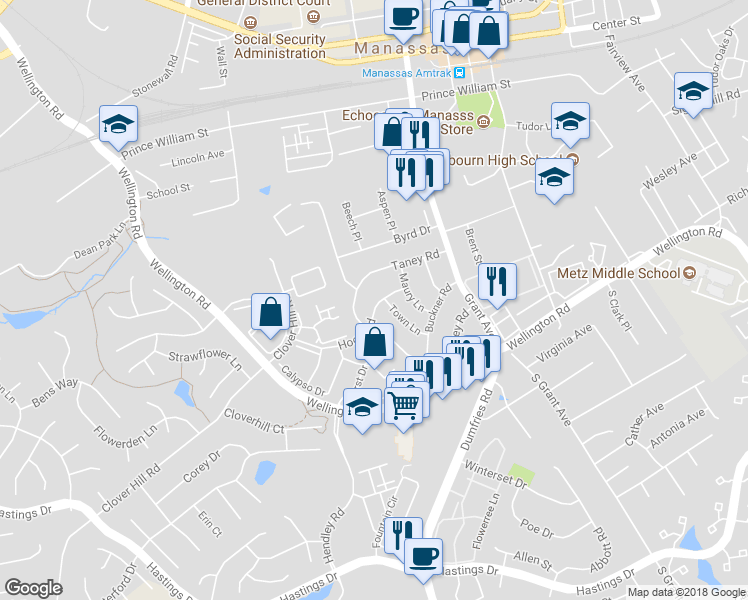 map of restaurants, bars, coffee shops, grocery stores, and more near 9234 Hood Road in Manassas