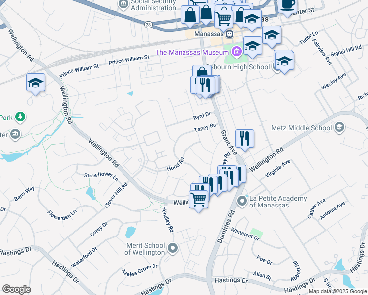 map of restaurants, bars, coffee shops, grocery stores, and more near 9234 Hood Road in Manassas