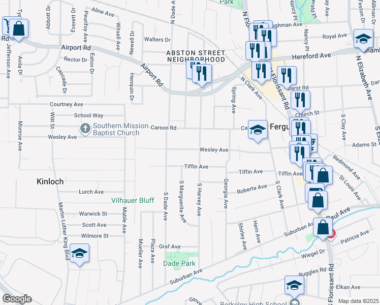 map of restaurants, bars, coffee shops, grocery stores, and more near 623 Tiffin Avenue in Ferguson