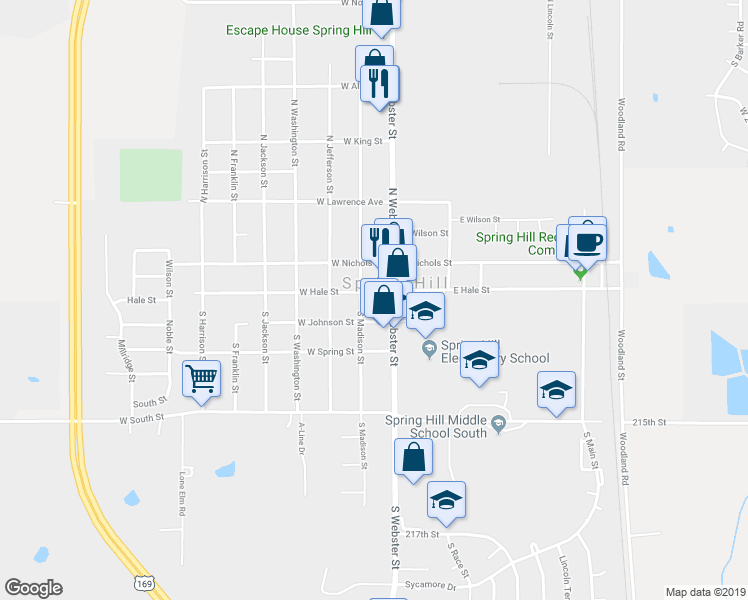 map of restaurants, bars, coffee shops, grocery stores, and more near 209 South Madison Street in Spring Hill