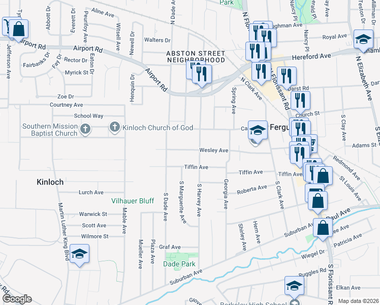 map of restaurants, bars, coffee shops, grocery stores, and more near 623 Tiffin Avenue in Ferguson