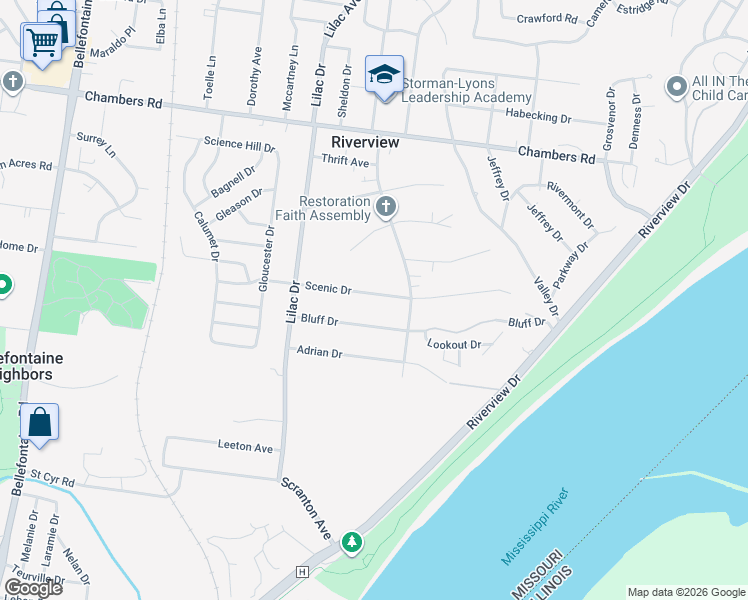 map of restaurants, bars, coffee shops, grocery stores, and more near 430 Scenic Drive in St. Louis