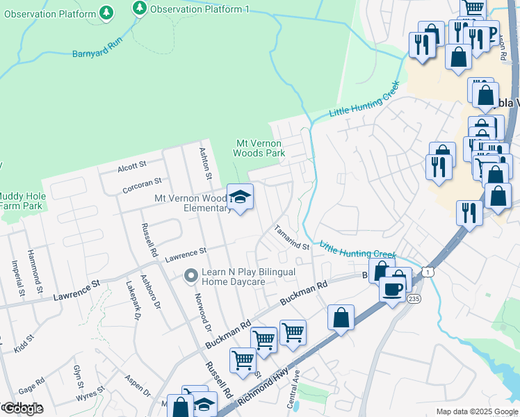 map of restaurants, bars, coffee shops, grocery stores, and more near 3890 Mariposa Place in Alexandria