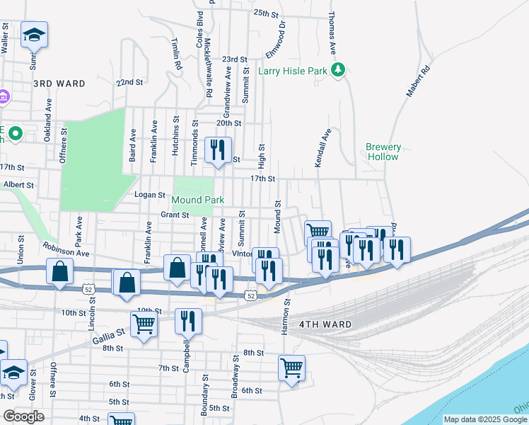 map of restaurants, bars, coffee shops, grocery stores, and more near 2210 Grant Street in Portsmouth