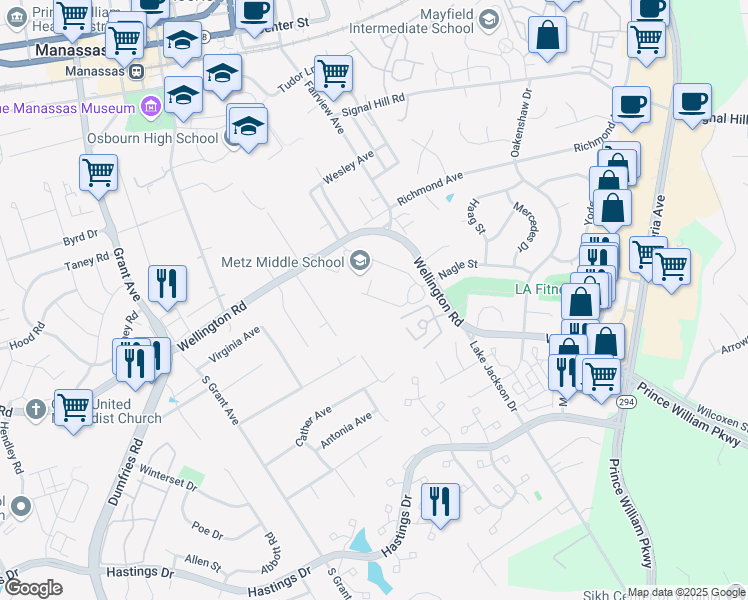 map of restaurants, bars, coffee shops, grocery stores, and more near 9950 Wellington Road in Manassas