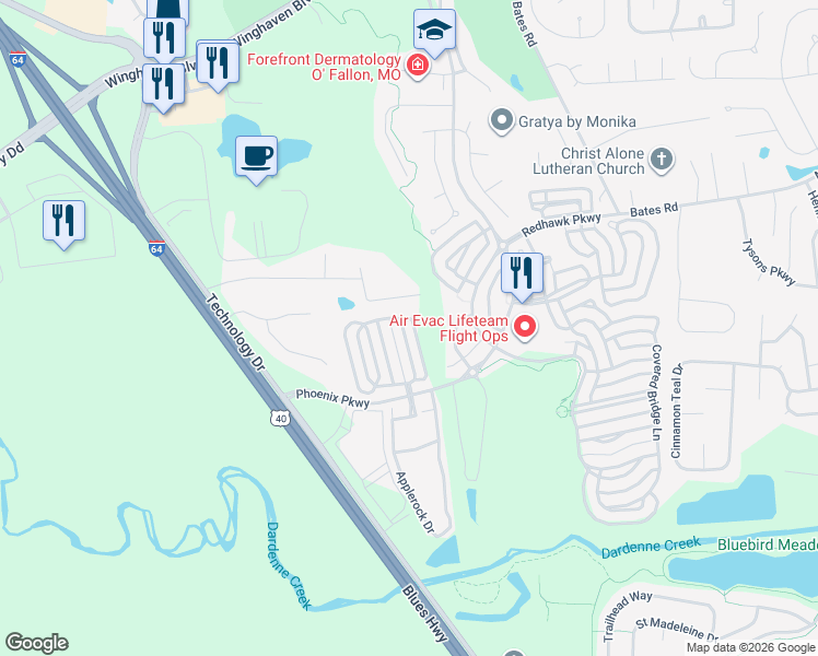 map of restaurants, bars, coffee shops, grocery stores, and more near 322 Hawks View Drive in O'Fallon