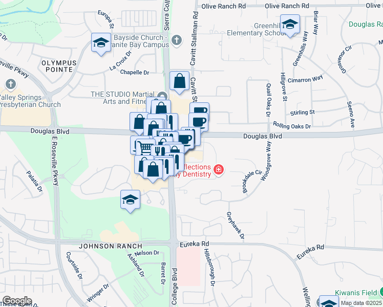 map of restaurants, bars, coffee shops, grocery stores, and more near 4120 Douglas Boulevard in Granite Bay