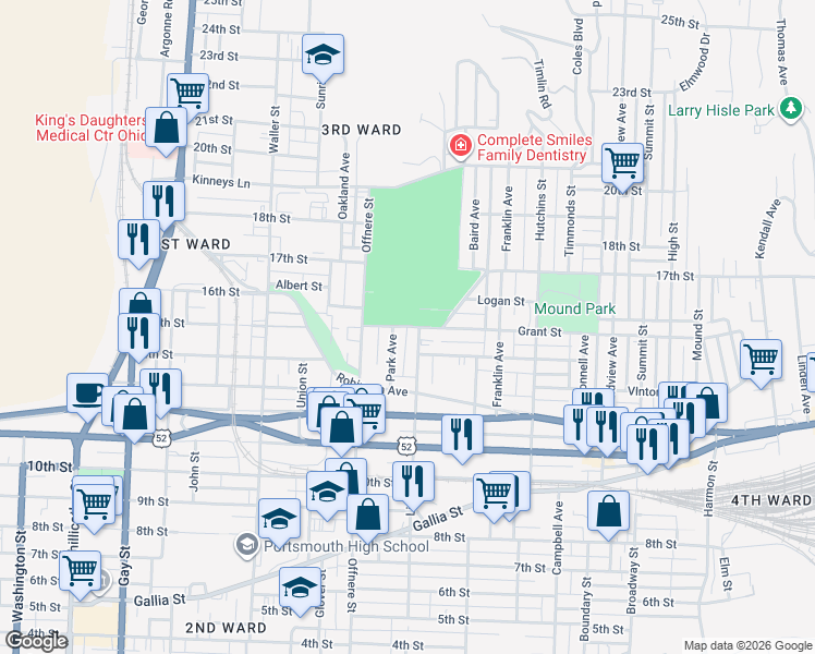 map of restaurants, bars, coffee shops, grocery stores, and more near 1407 Lincoln Street in Portsmouth