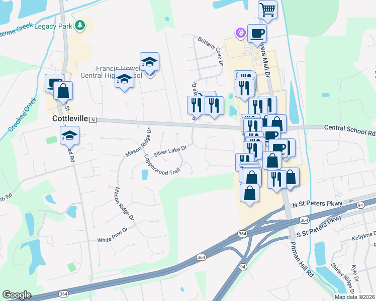map of restaurants, bars, coffee shops, grocery stores, and more near 24 Country Lane Court in Saint Charles