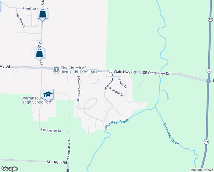 map of restaurants, bars, coffee shops, grocery stores, and more near 1594 Roanoke Court in Warrensburg