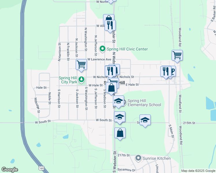 map of restaurants, bars, coffee shops, grocery stores, and more near 109 West Hale Street in Spring Hill