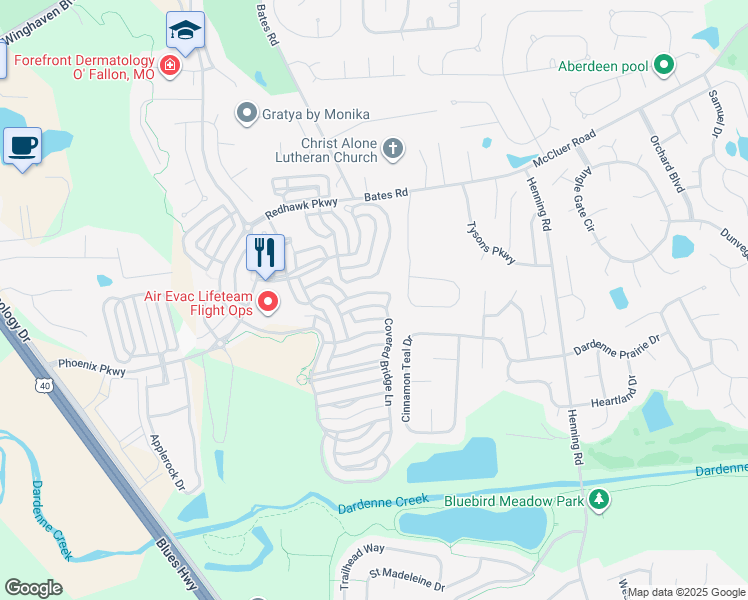 map of restaurants, bars, coffee shops, grocery stores, and more near 645 Covered Bridge Lane in O'Fallon