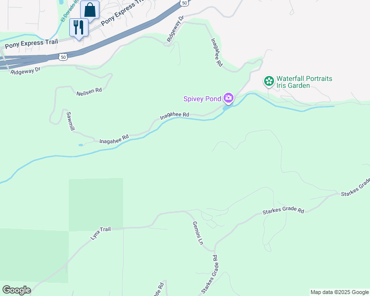 map of restaurants, bars, coffee shops, grocery stores, and more near 7700 Saint John Road in Pollock Pines