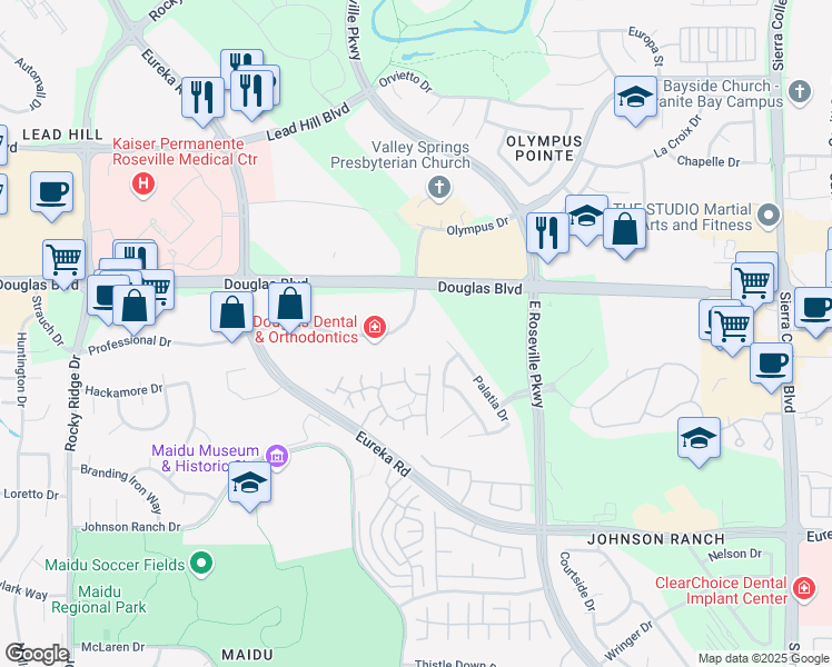 map of restaurants, bars, coffee shops, grocery stores, and more near 2540 Douglas Boulevard in Roseville