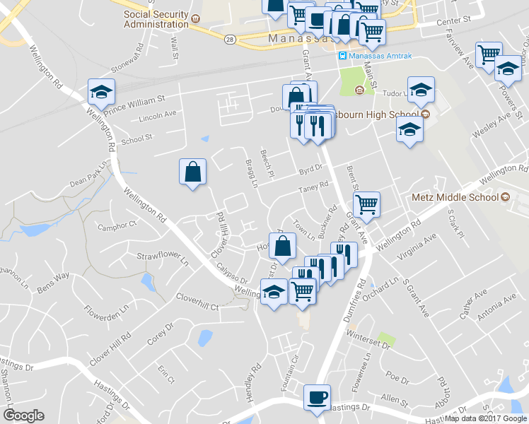 map of restaurants, bars, coffee shops, grocery stores, and more near 9810 Bragg Lane in Manassas