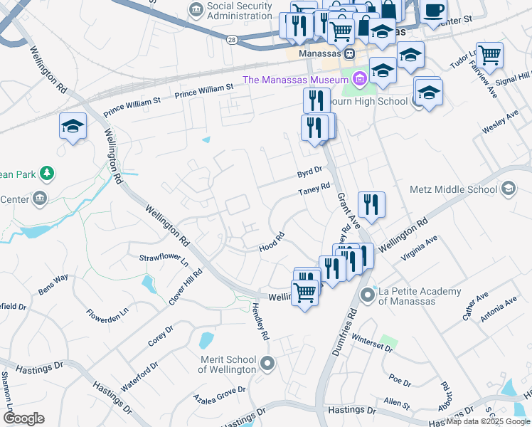 map of restaurants, bars, coffee shops, grocery stores, and more near 9810 Bragg Lane in Manassas