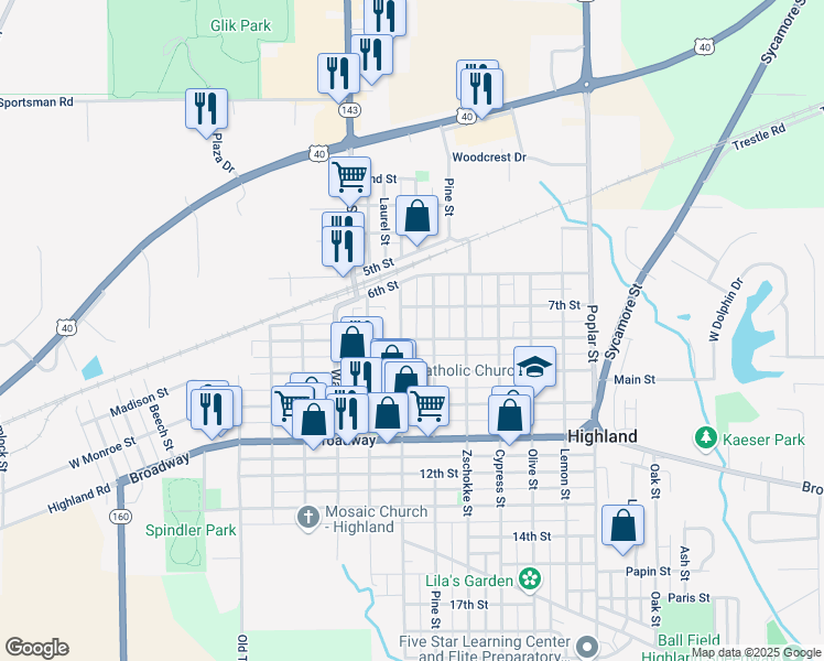 map of restaurants, bars, coffee shops, grocery stores, and more near 809 Washington Street in Highland