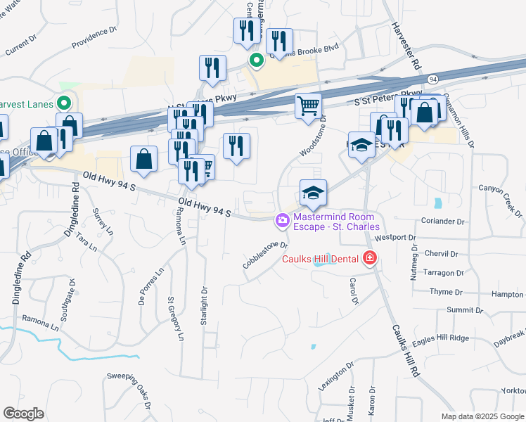 map of restaurants, bars, coffee shops, grocery stores, and more near 3908 Old Hwy N in St Charles