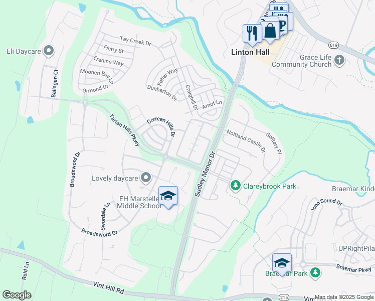 map of restaurants, bars, coffee shops, grocery stores, and more near 10046 Pentland Hills Way in Bristow