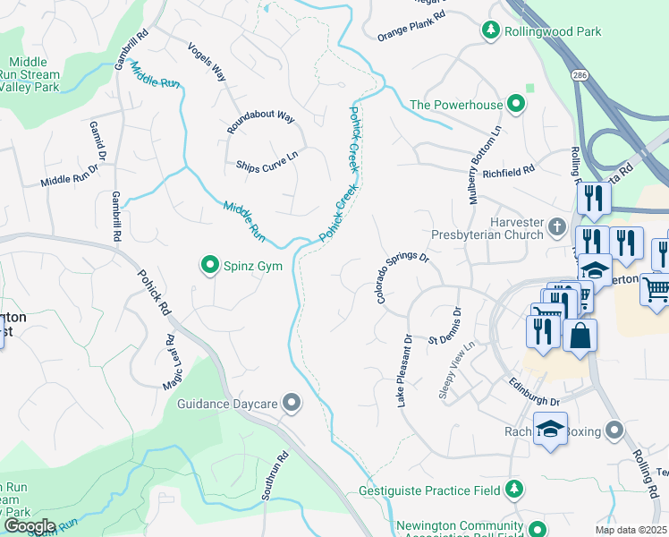 map of restaurants, bars, coffee shops, grocery stores, and more near 7916 Journey Lane in Springfield