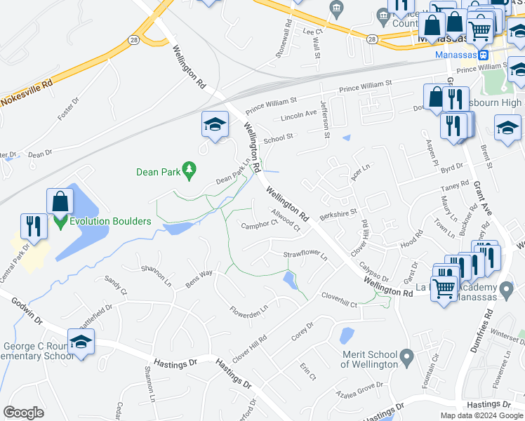 map of restaurants, bars, coffee shops, grocery stores, and more near 10132 Allwood Court in Manassas