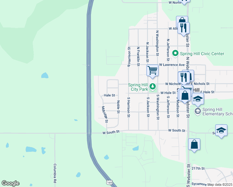 map of restaurants, bars, coffee shops, grocery stores, and more near 21620 Johnson Street in Spring Hill