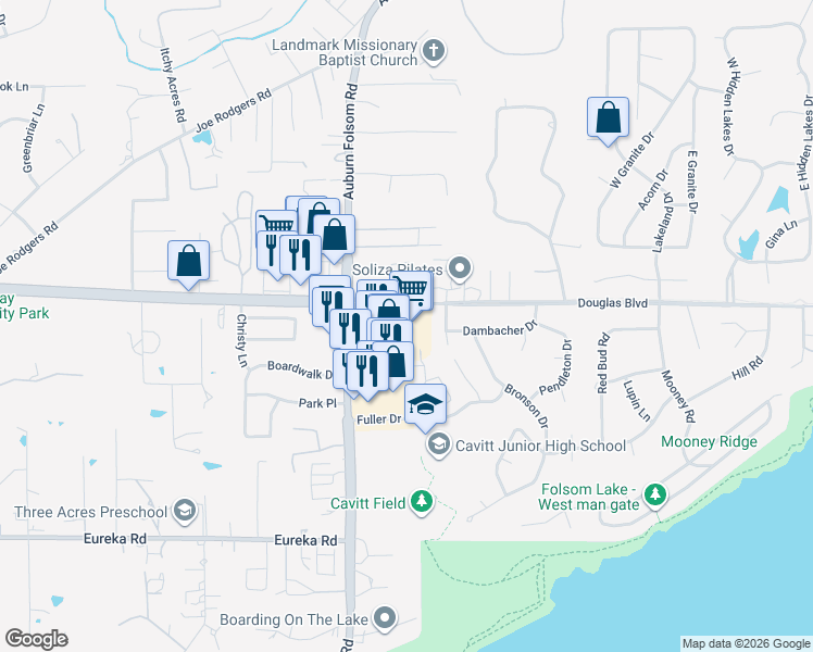 map of restaurants, bars, coffee shops, grocery stores, and more near 7120 Douglas Boulevard in Granite Bay