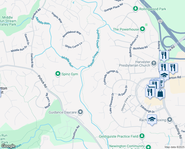 map of restaurants, bars, coffee shops, grocery stores, and more near 7916 Journey Lane in Springfield