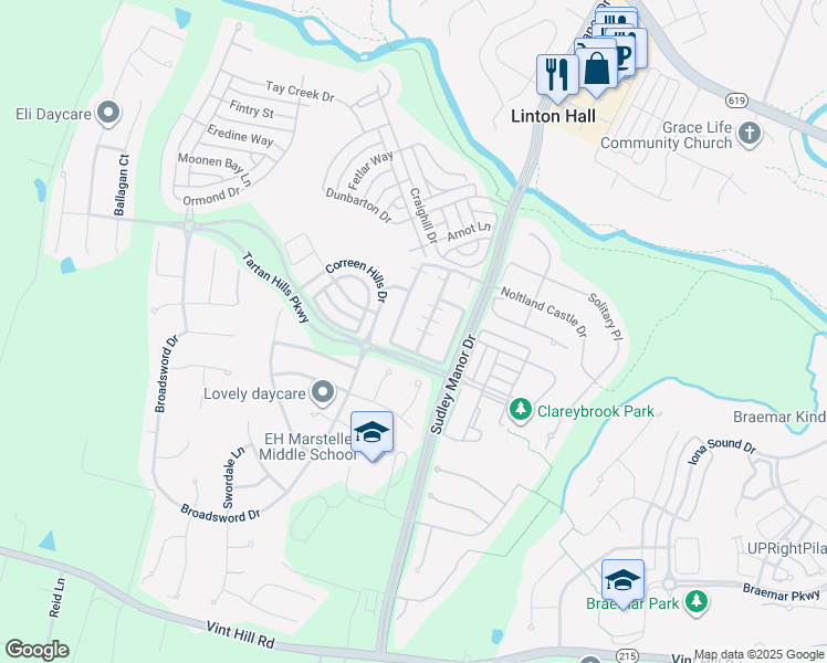 map of restaurants, bars, coffee shops, grocery stores, and more near 10046 Pentland Hills Way in Bristow