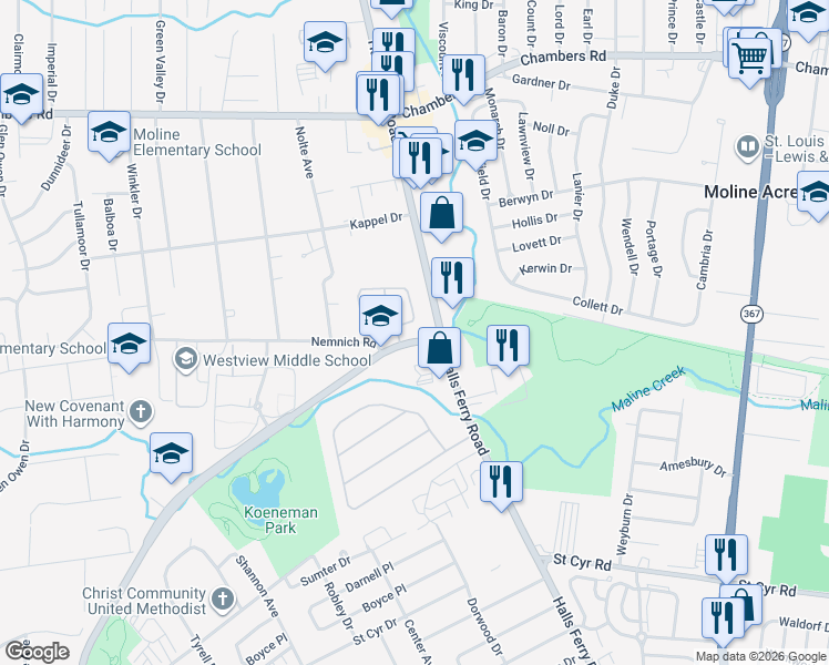 map of restaurants, bars, coffee shops, grocery stores, and more near 3450 Lucas-Hunt Road in St. Louis