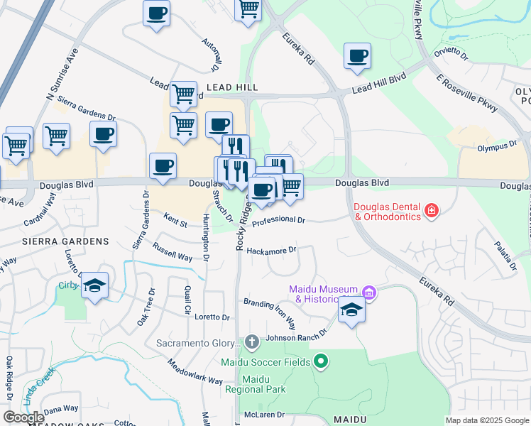 map of restaurants, bars, coffee shops, grocery stores, and more near 2000 Douglas Boulevard in Roseville