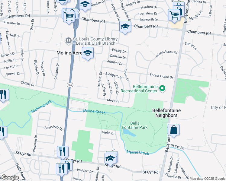 map of restaurants, bars, coffee shops, grocery stores, and more near 9713 Griffin Drive in St. Louis