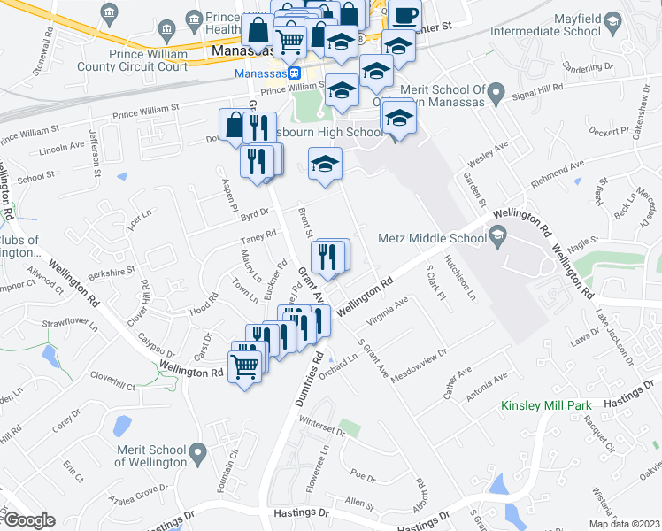 map of restaurants, bars, coffee shops, grocery stores, and more near 9015 Sandalwood Drive in Manassas