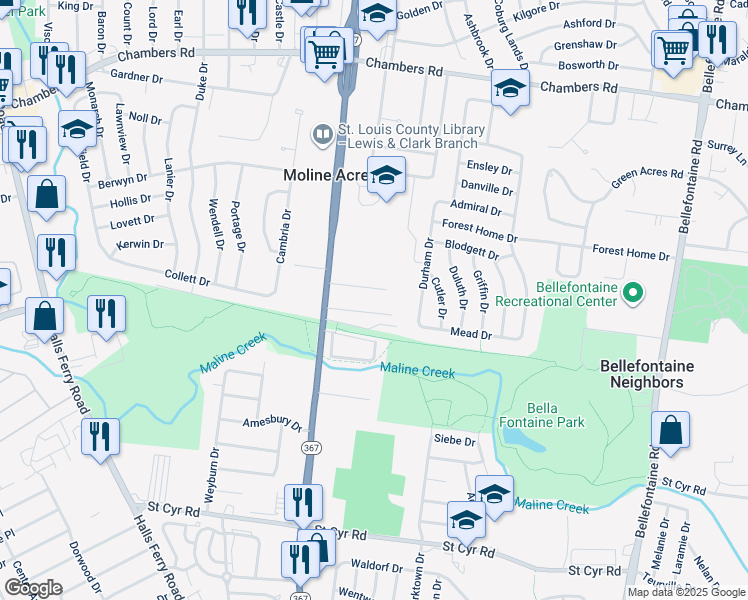 map of restaurants, bars, coffee shops, grocery stores, and more near 1223 Twill Court in St. Louis