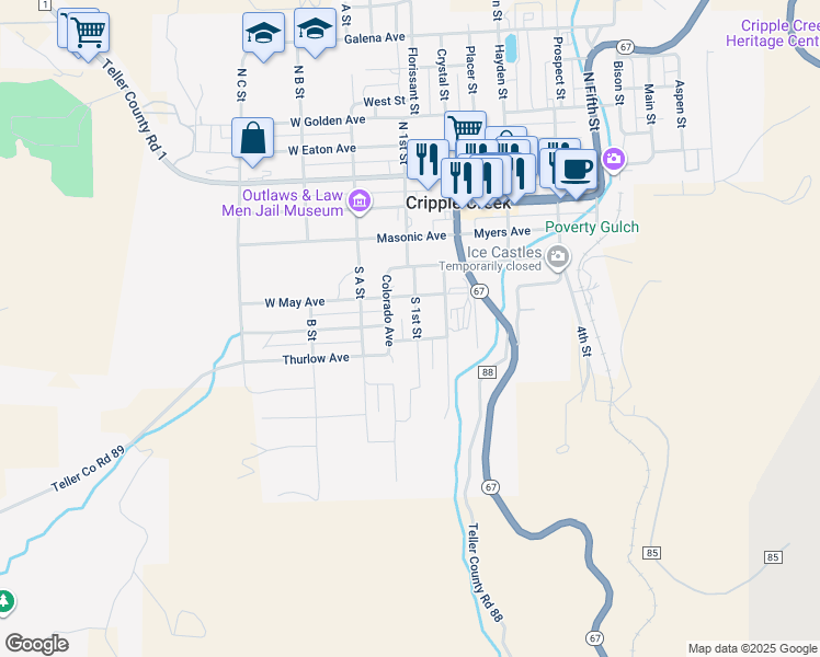 map of restaurants, bars, coffee shops, grocery stores, and more near 331 South 1st Street in Cripple Creek